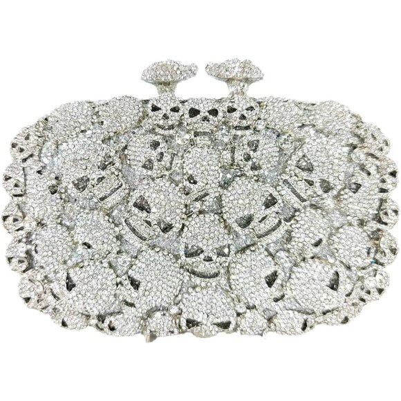 Women Sliver Boutique Skull Crystal Clutch Rhinestone Handbags Bag Mini - Picture 1 of 9